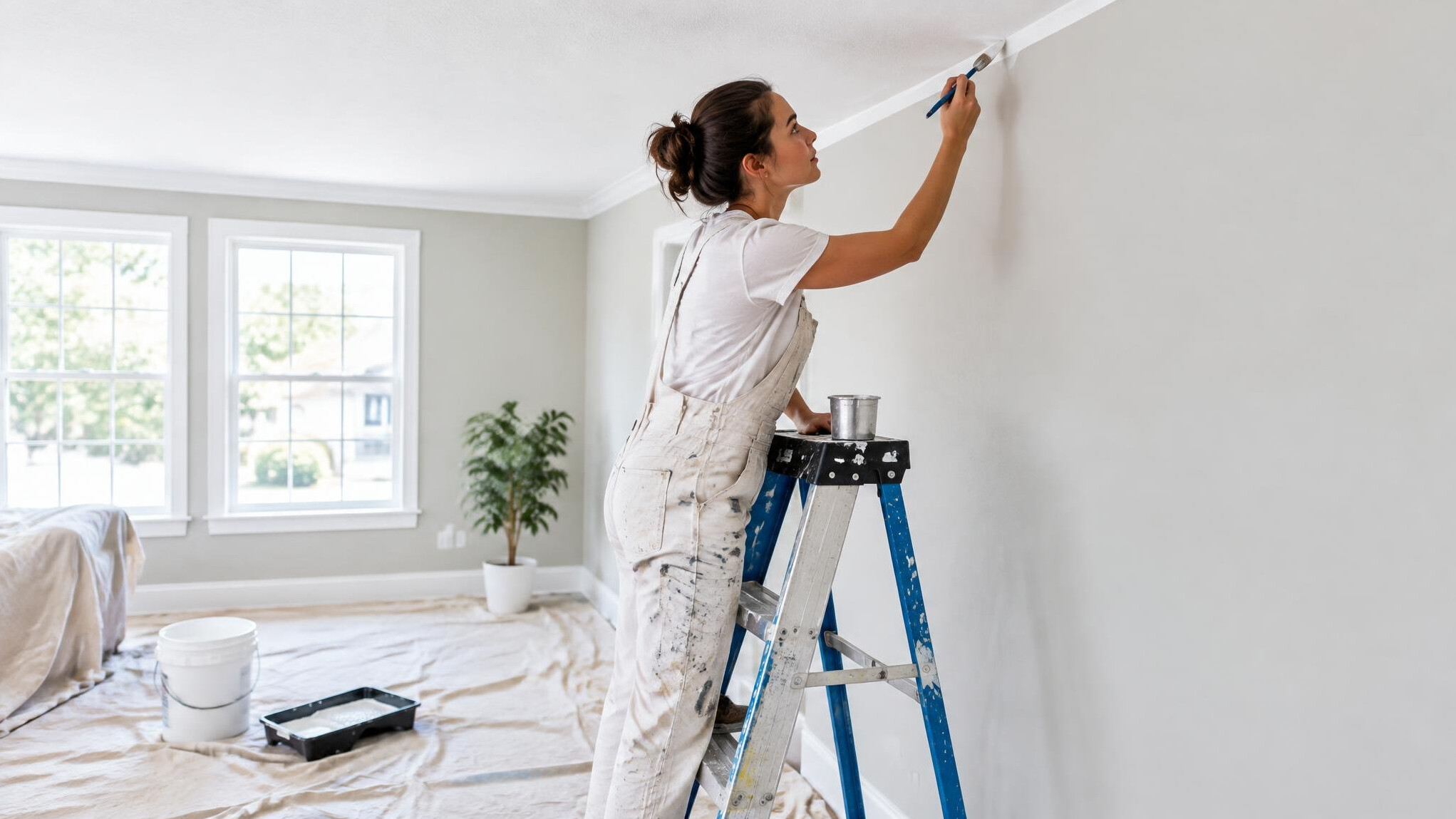 Painter on a ladder touching up a ceiling edge