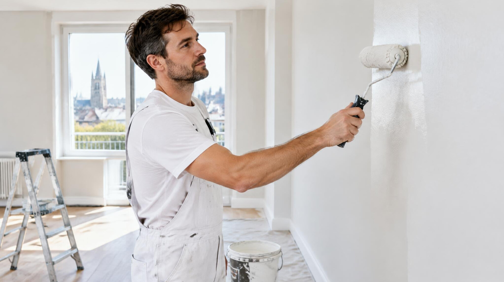 Painter applying fresh paint on an interior wall with a roller